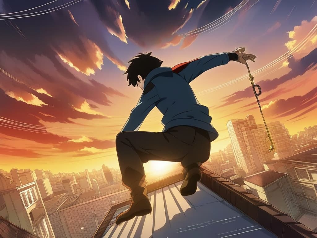Anything XL — anime key visual, a young hero on a rooftop at sunset, dynamic composition, crisp lineart, studio quality