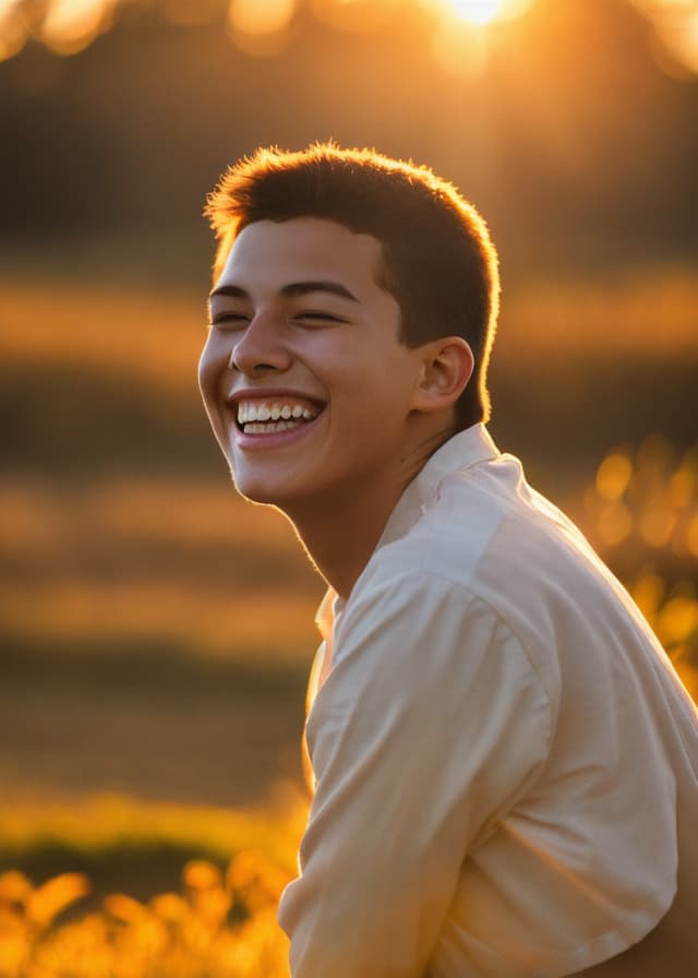 Beautiful Realistic Asians — natural candid portrait of a young man laughing, golden-hour backlight, photoreal