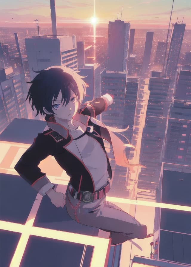 Cetus-Mix — anime key visual, a young hero on a rooftop at sunset, dynamic composition, crisp lineart, studio quality