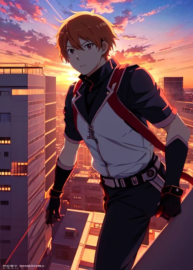 GhostMix — anime key visual, a young hero on a rooftop at sunset, dynamic composition, crisp lineart, studio quality