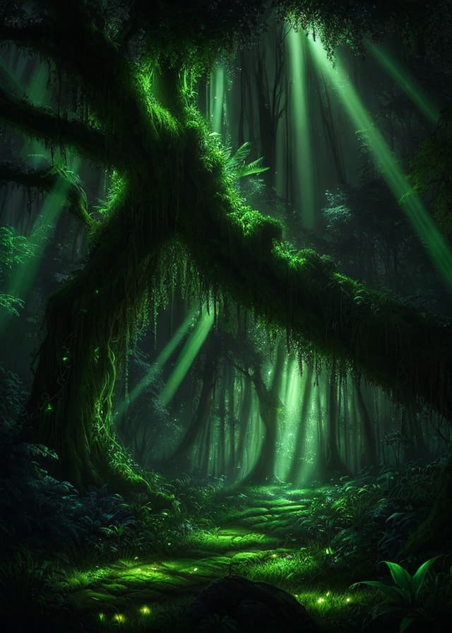 Lyriel — enchanted forest with bioluminescent plants and god rays, lush fantasy concept art