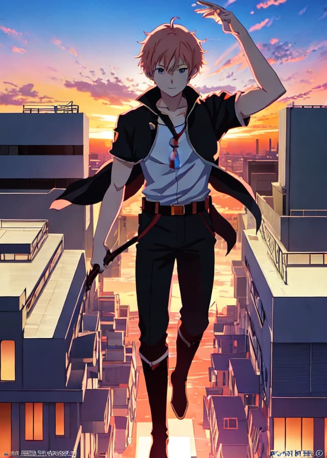 MeinaMix — anime key visual, a young hero on a rooftop at sunset, dynamic composition, crisp lineart, studio quality