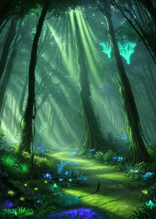 PerfectDeliberate — enchanted forest with bioluminescent plants and god rays, lush fantasy concept art