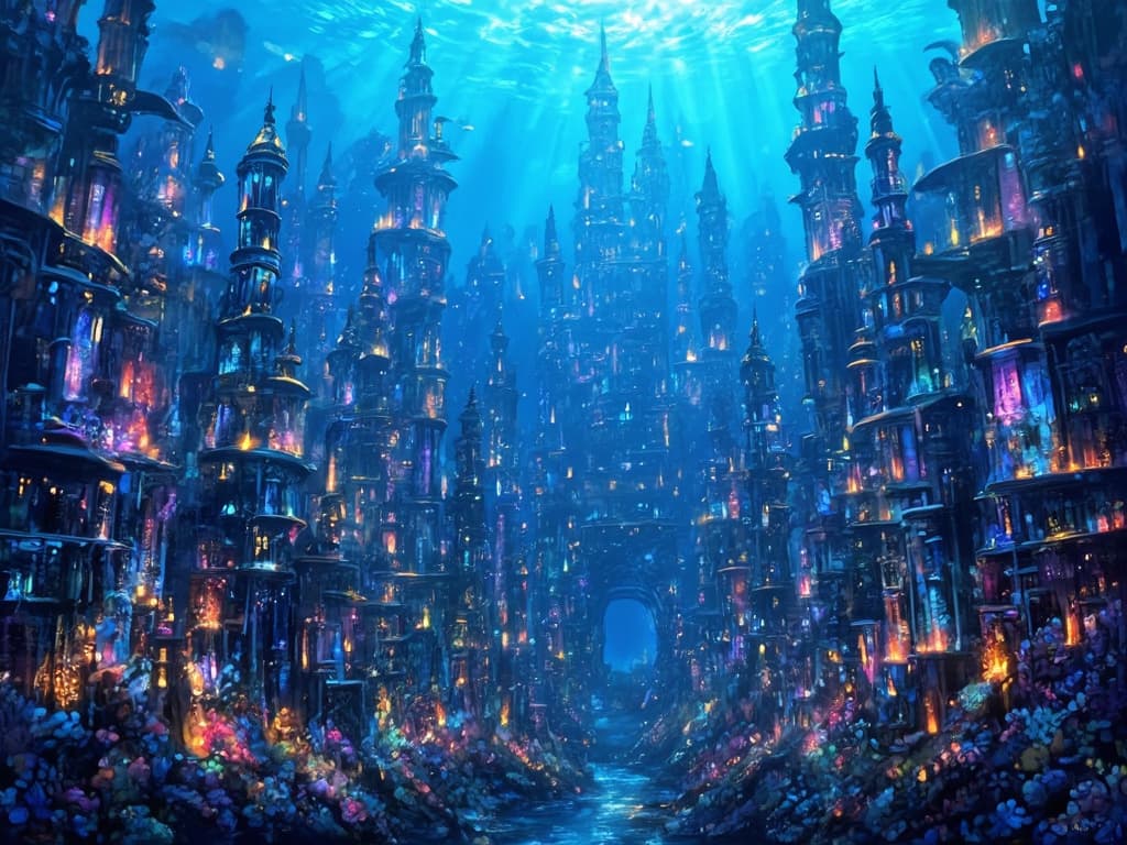 PixelWave (FLUX) — dreamlike underwater city with glowing coral towers, colorful fantasy art