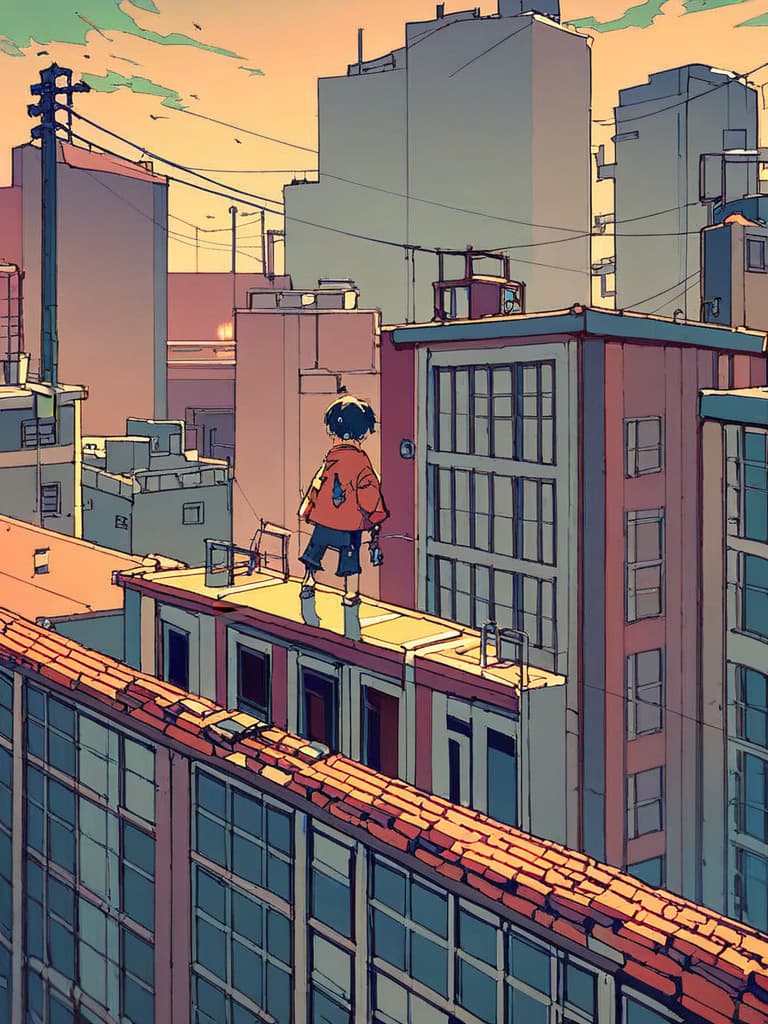 Pony Diffusion V6 (Turbo) — score_9, score_8_up, score_7_up, anime key visual, a young hero on a rooftop at sunset, dynamic composition, crisp lineart, studio quality