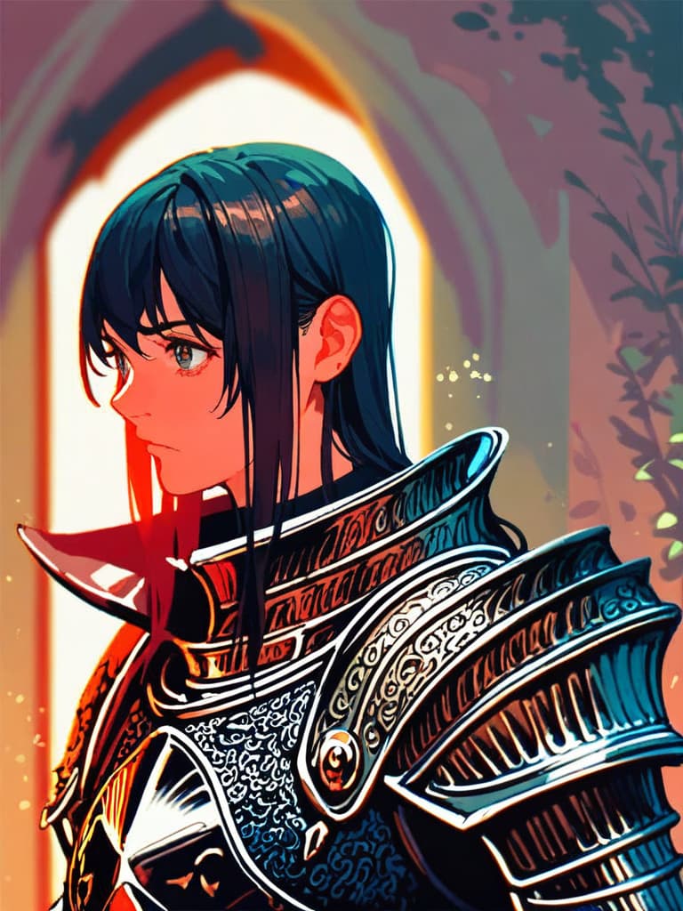 Pony Diffusion V6 (Turbo): anime portrait of a knight in ornate armor, dramatic lighting, highly detailed, illustration
