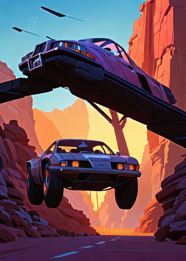 ToonYou — retro-futuristic desert highway at sunset, a lone car, cinematic sci-fi concept art