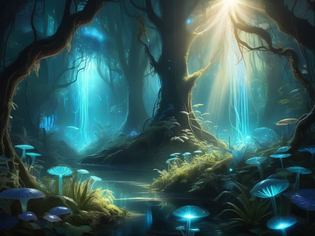 ZavyChromaXL — enchanted forest with bioluminescent plants and god rays, lush fantasy concept art